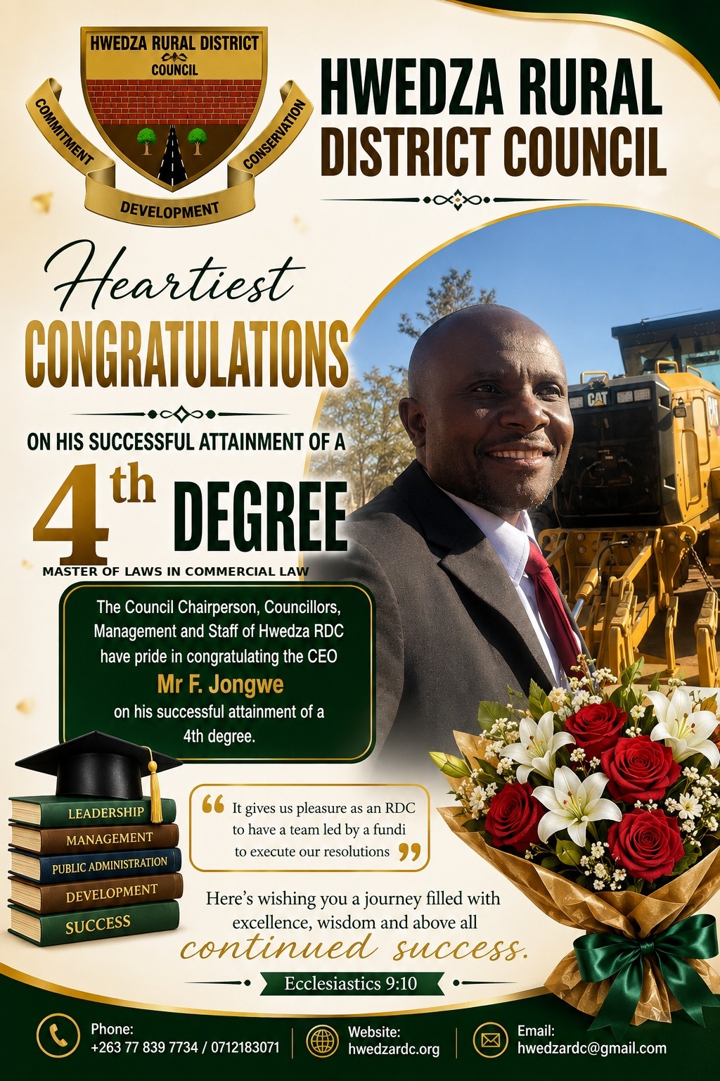 Hwedza Rural District Council congratulates CEO Mr. F. Jongwe on attaining his fourth degree